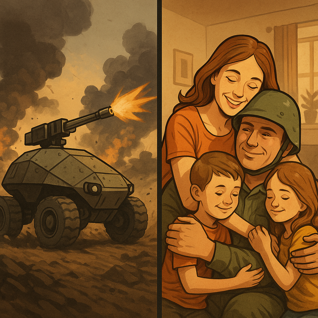 Ілюстрація, що мовчки розповідає дві історії: зліва — механічна бойова черепаха-дрон повзе крізь руїни й вогонь, замінюючи собою солдата на передовій; справа — той самий солдат вже вдома, в обіймах родини, з теплом у погляді та спокоєм довкола. Контраст між війною і миром, страхом і надією.